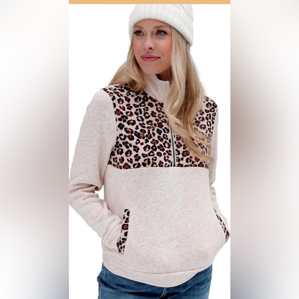 Leopard Yoke Half-Zip Pullover in Light Beige